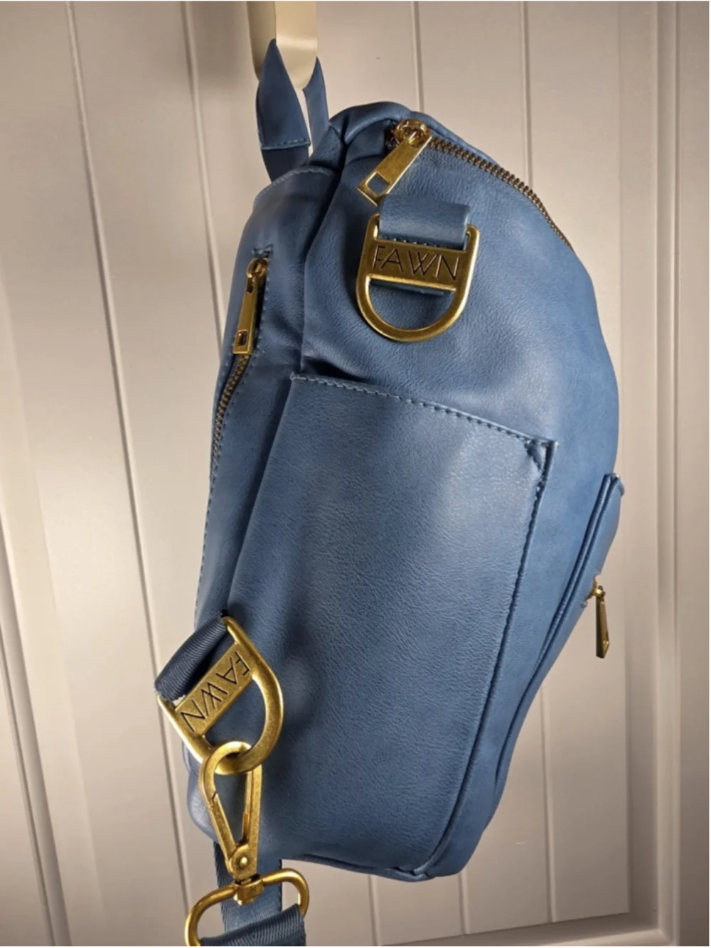 Fawn Design Original Bluebell Diaper Bag Backpack Vegan Leather Blue Gold